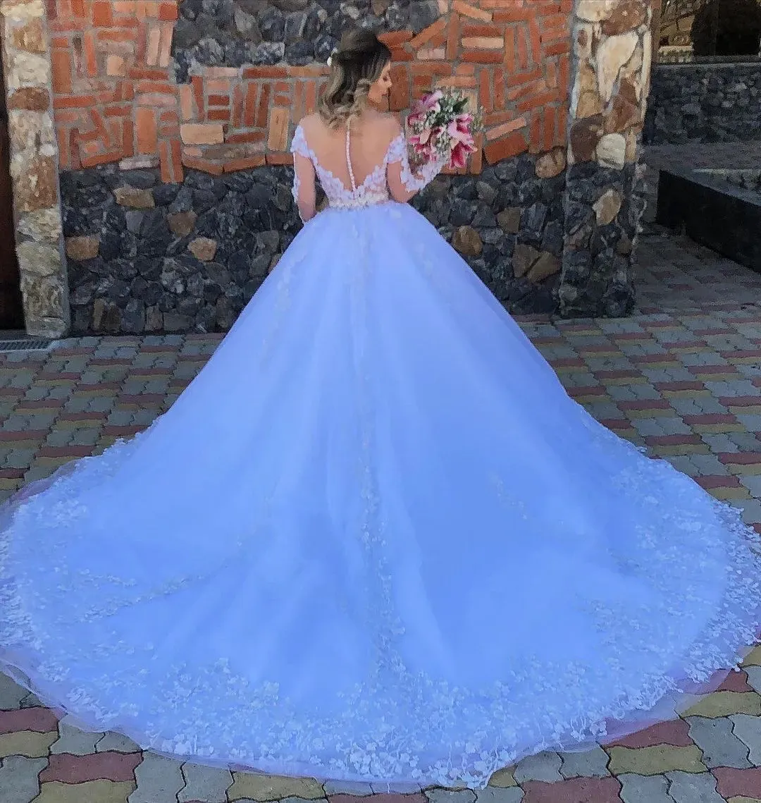 Elegant Off-the-Shoulder Princess Wedding Dress with Sleeves Tulle