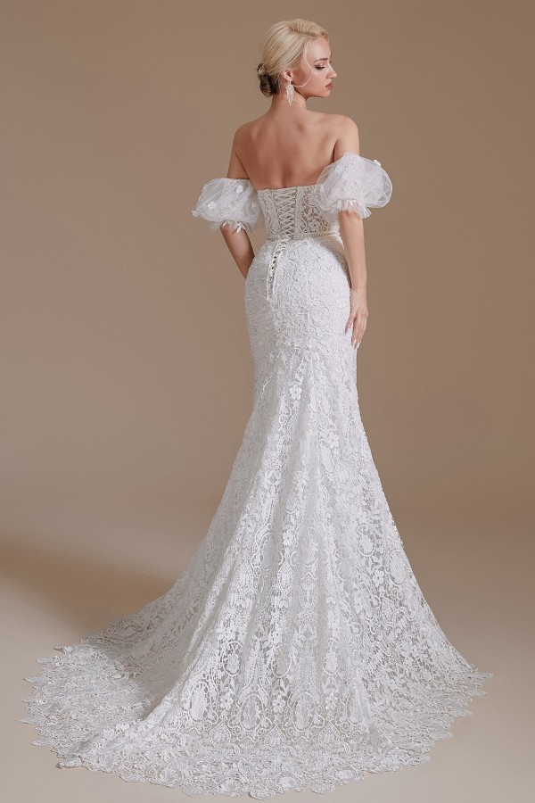 BMbridal Detachable Bubble Sleeves Lace Wedding Dress Mermaid Long-BMbridal