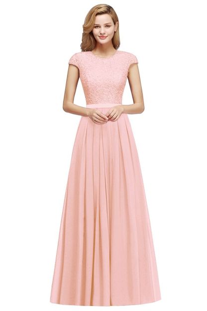 BMbridal A-line Jewel Short Sleeves Chiffon Lace Bridesmaid Dress
