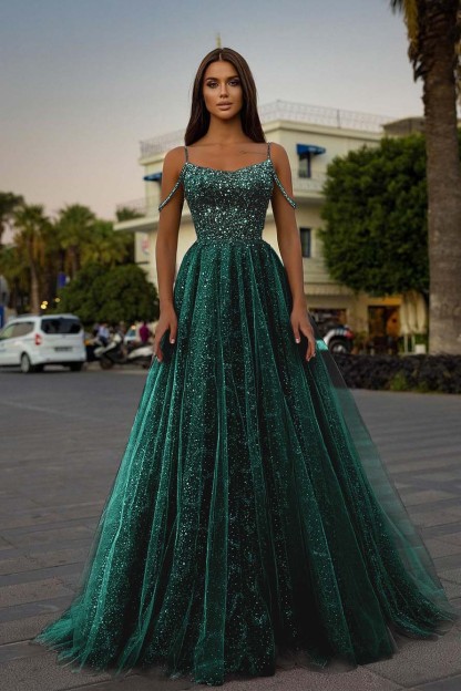 Tulle Spaghetti Strap Sleeveless A Line Long Prom Dress With Sequins Beads