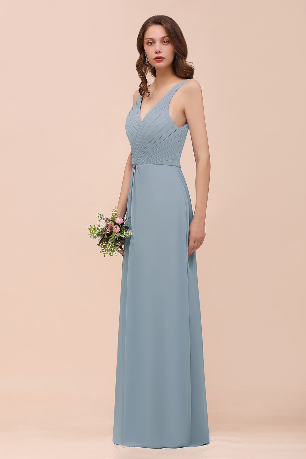 BMbridal Elegant V-Neck Ruffle Dusty Blue Chiffon Bridesmaid Dresses Online-BMbridal