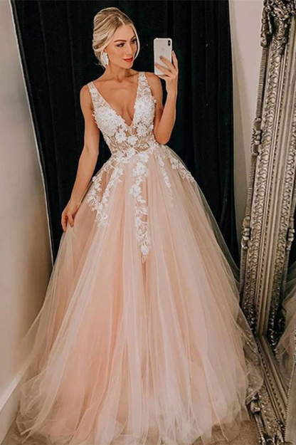 Bmbridal V-Neck A-Line Sleeveless Prom Dress With Appliques
