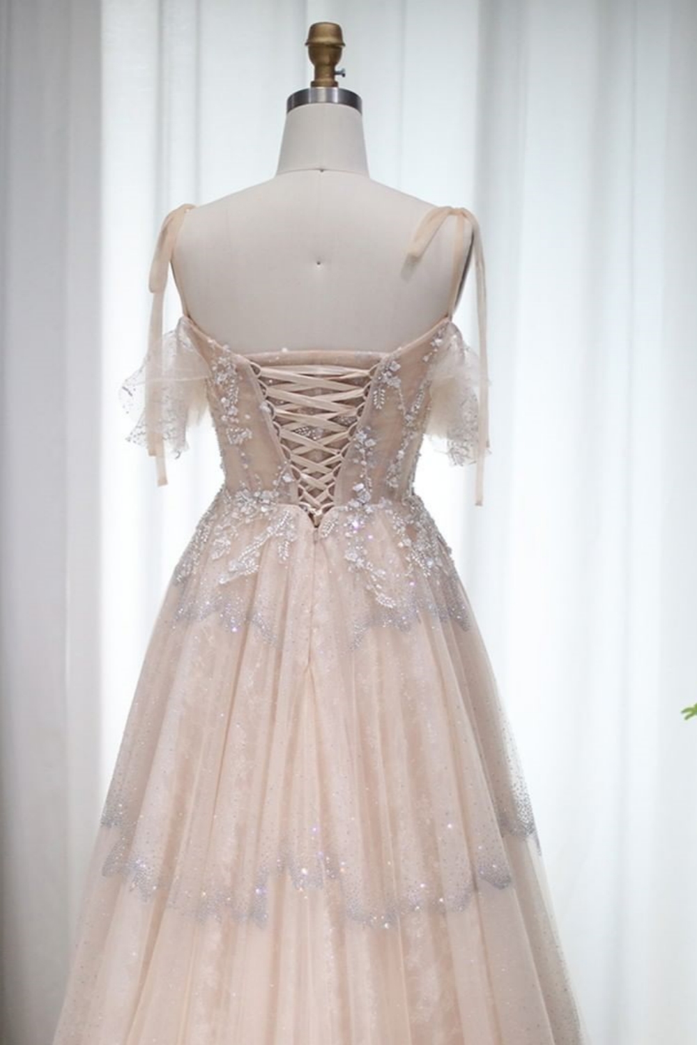 Bmbridal A-Line Square Sleeveless Spaghetti Straps Prom Dresses with Beadings