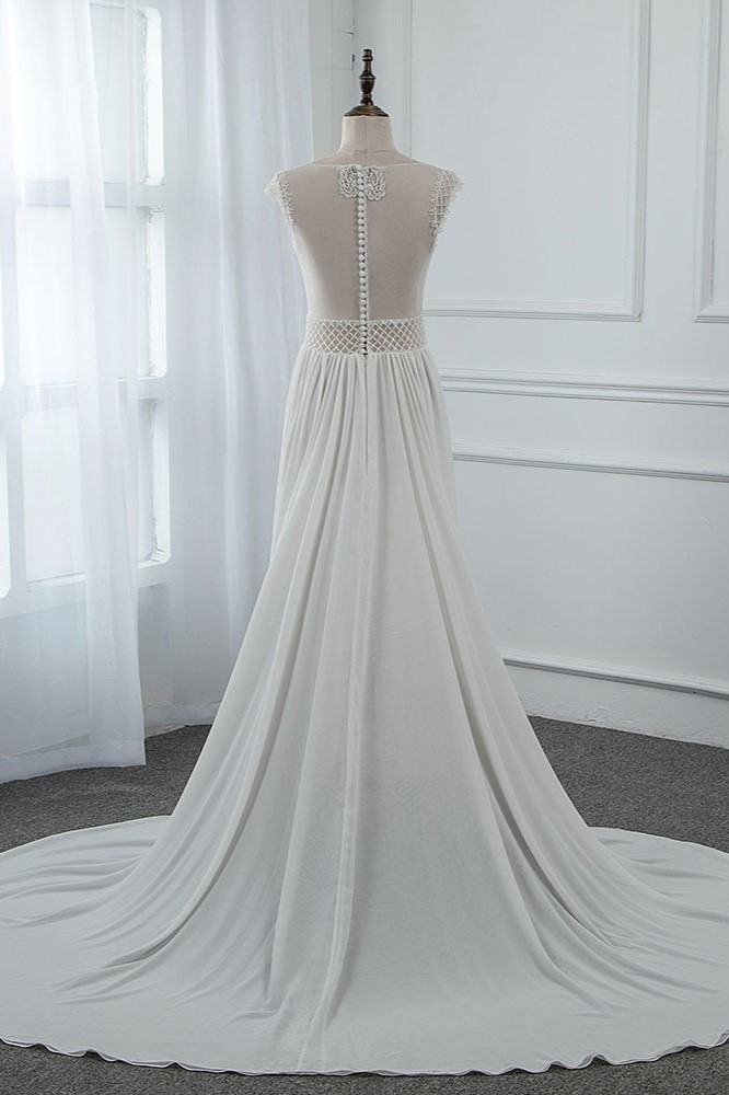 BMbridal Sexy Jewel Sleeveless Chiffon Wedding Dresses See Through Top Bridal Gowns On Sale