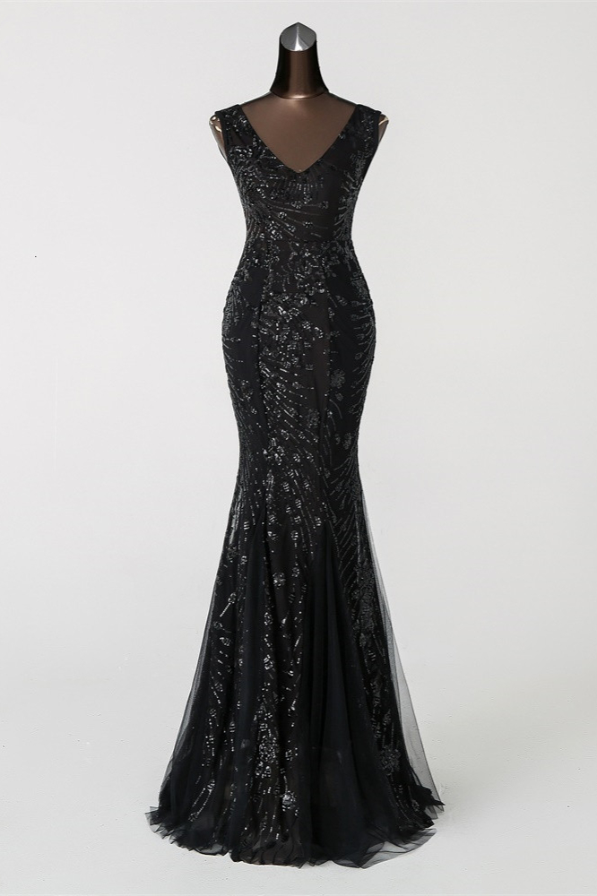 BMbridal Luxury Tulle V-Neck Sleeveless Mermaid Prom Dress with Sequins