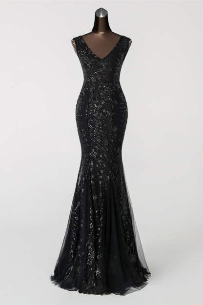 BMbridal Luxury Tulle V-Neck Sleeveless Mermaid Prom Dress with Sequins
