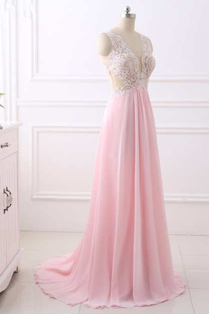 BMbridal Elegant A-Line V-Neck Pink Chiffon Prom Dresses with Ruffles Online