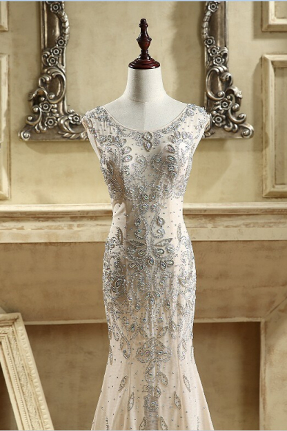 BMbridal Sexy Jewel Sleeveless Sheer Skirt Prom Dresses Champagne Mermaid Appliques Beadings Evening Dresses-BMbridal