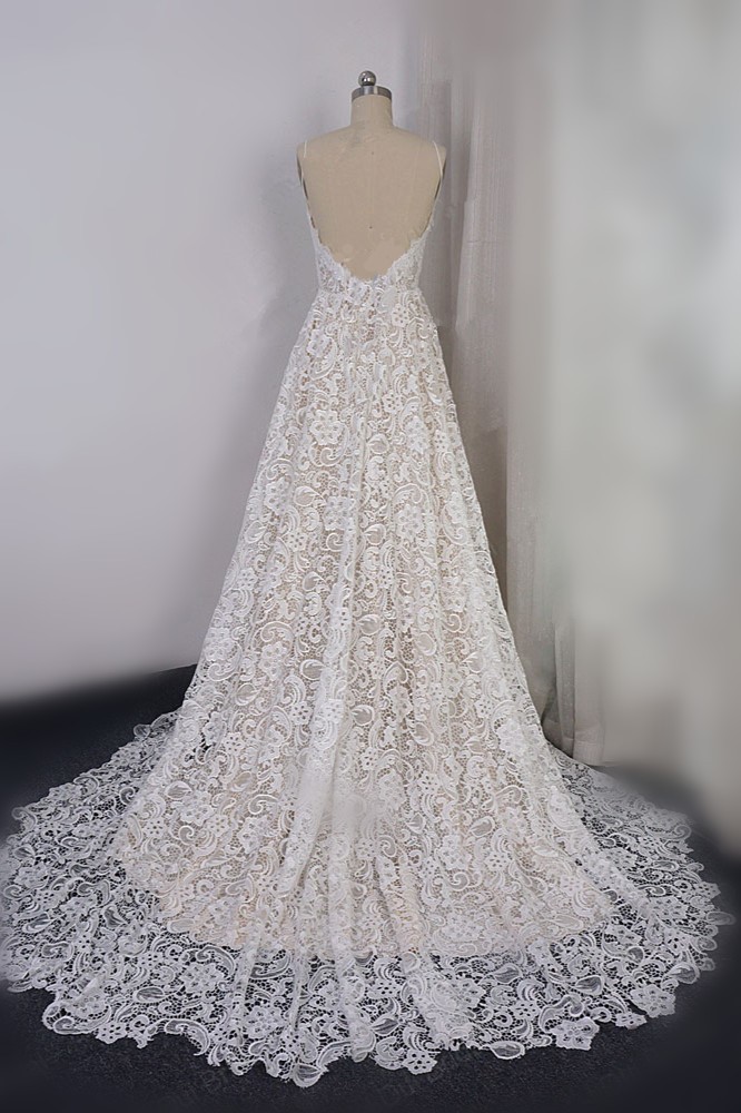 BMbridal Chic Spaghetti Straps V-Neck Lace Wedding Dress A-Line Sleeveless Long Bridal Gowns On Sale-BMbridal