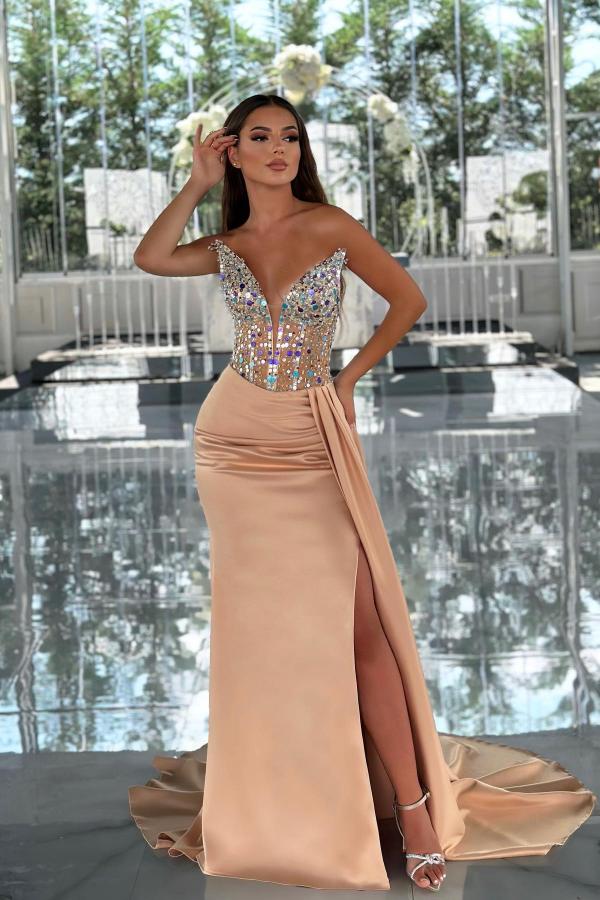 Sexy Mermaid V-Neck Sequined Strapless Split Front Satin Prom Dresses