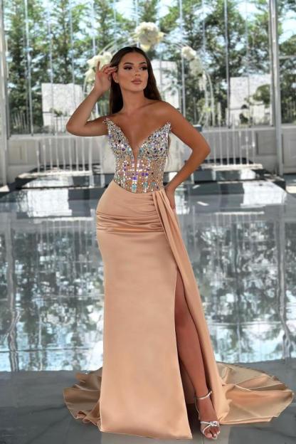 Sexy Mermaid V-Neck Sequined Strapless Split Front Satin Prom Dresses