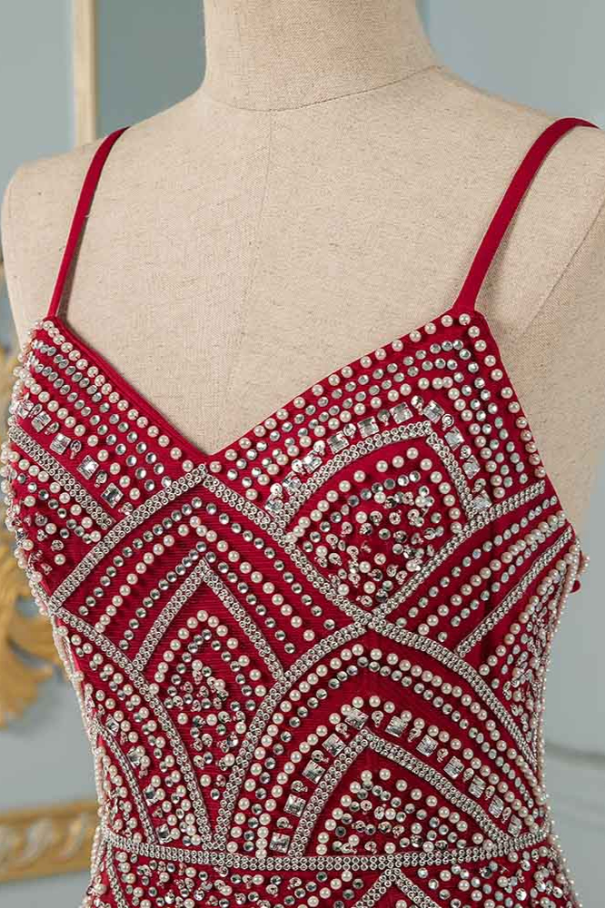 BMbridal Chic Spaghetti Straps Burgundy Mermaid Prom Dresses with Rhinestones