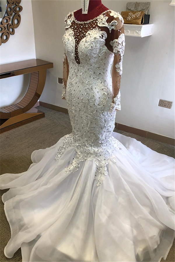 BMbridal Chic Jewel Mermaid Longsleeves Wedding Dresses White Lace Bridal Gowns With Appliques On Sale-BMbridal