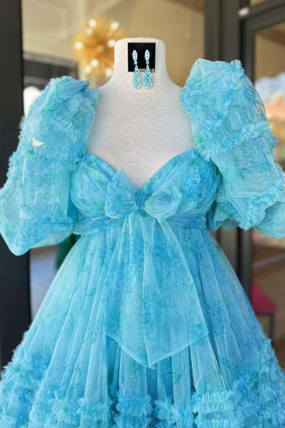 Blue Puff Sleeves A-Line Floral Short Homecoming Dress with Ruffles