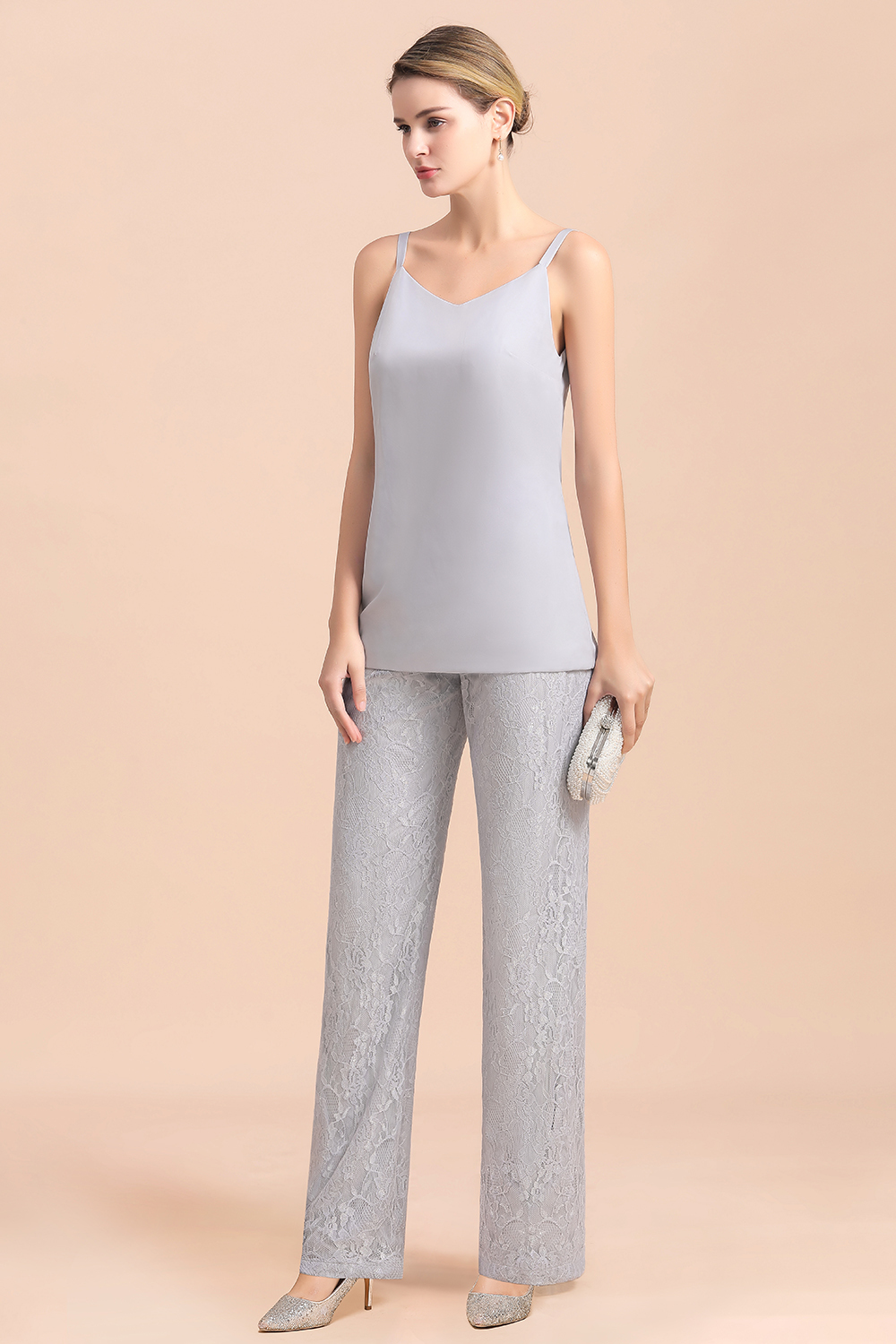 BMbridal Elegant V-Neck Appliques Silver Mother of Bride Jumpsuit with Lace Wraps-BMbridal