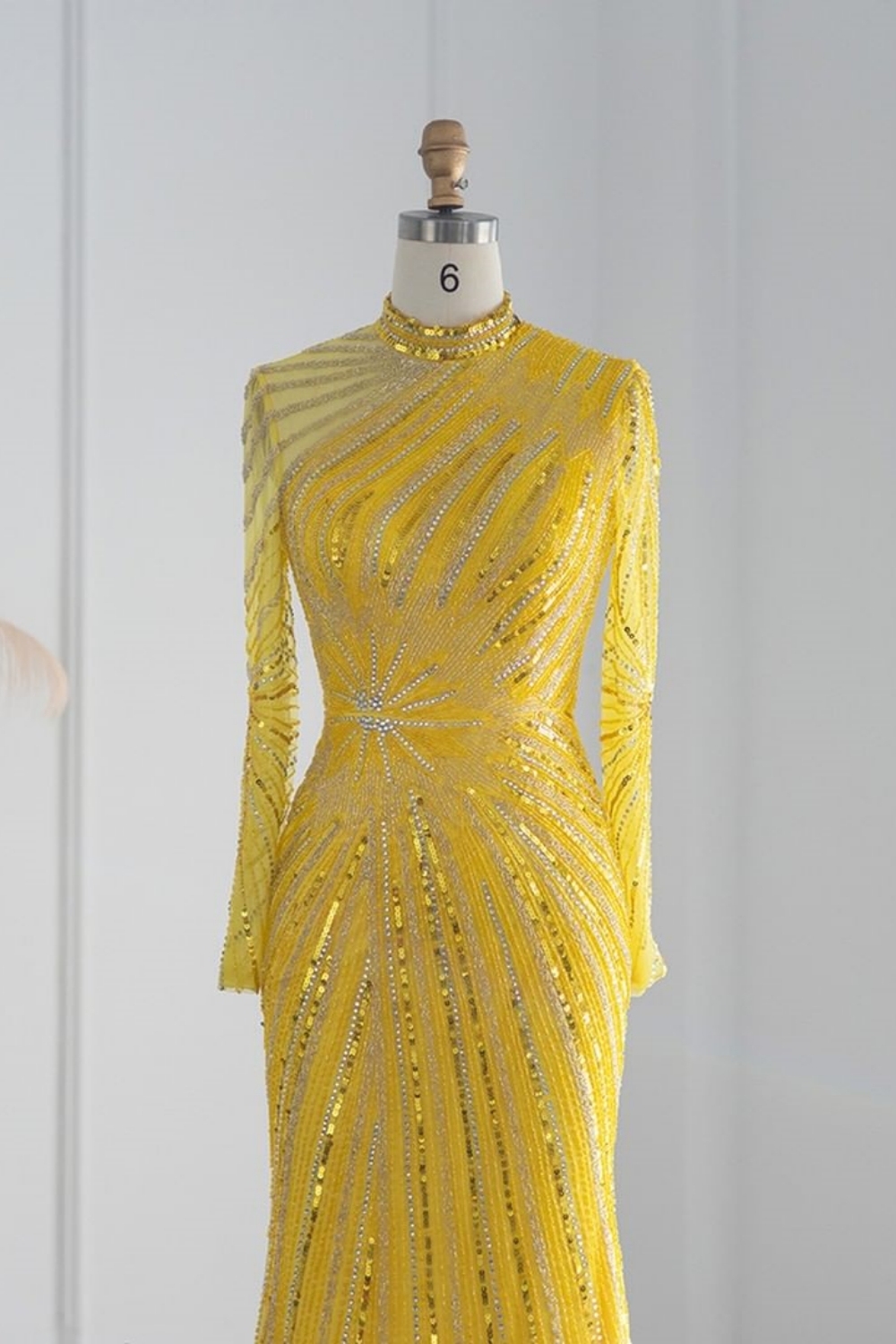 Bmbridal Yellow Floor-Length Long Sleeves High Neck Tulle Prom Dresses with Beadings