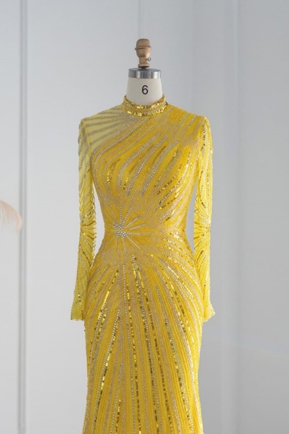 Bmbridal Yellow Floor-Length Long Sleeves High Neck Tulle Prom Dresses with Beadings