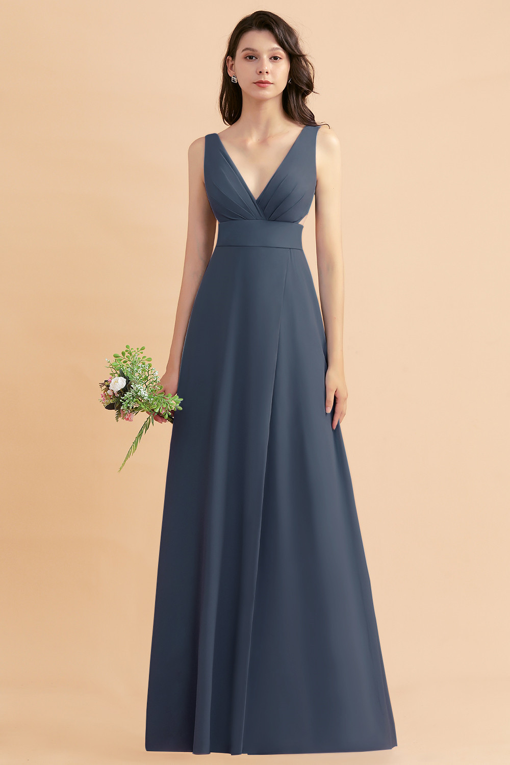 BMbridal A-Line Dusty Blue Chiffon Ruffles Bridesmaid Dress with Slit-BMbridal