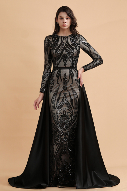 BMbridal Elegant Jewel Sequined Mermaid Prom Dresses Long Sleeves Appliques Party Dress with Overskirt-BMbridal