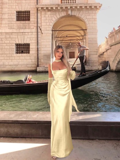 Spaghetti Strap Sleeveless Long Mermaid Prom Dress With Gloves
