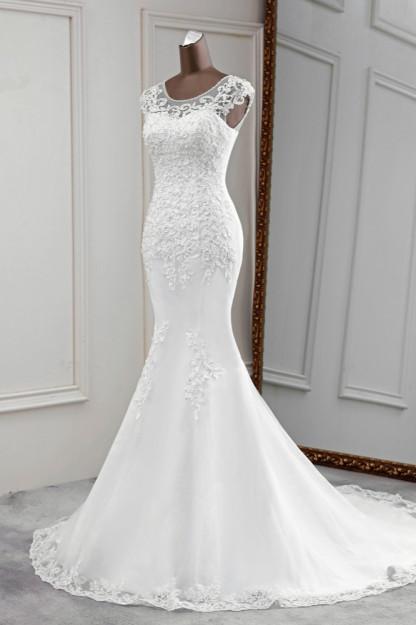 BMbridal Gorgeous Jewel Sleeveless White Lace Mermaid Wedding Dresses with Appliques