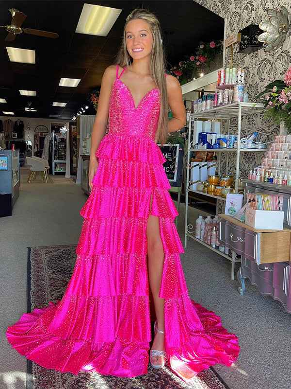 Glitter Fuchsia A-Line Spaghetti Ruffled Long Prom Dress with Slit
