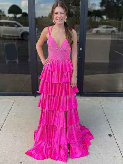 Glitter Fuchsia A-Line Spaghetti Ruffled Long Prom Dress with Slit