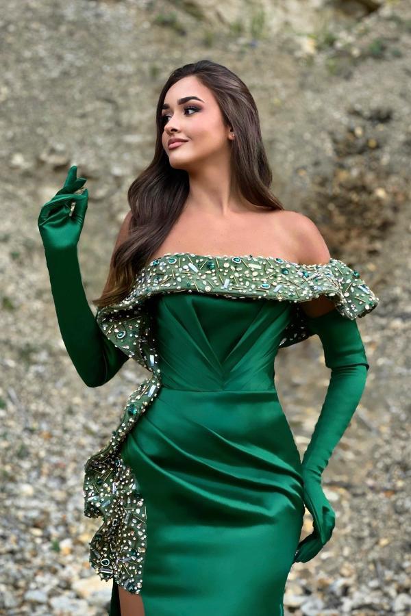 Luxurious Mermaid Off-The-Shoulder Sleeveless Satin Prom Dresses with Slit