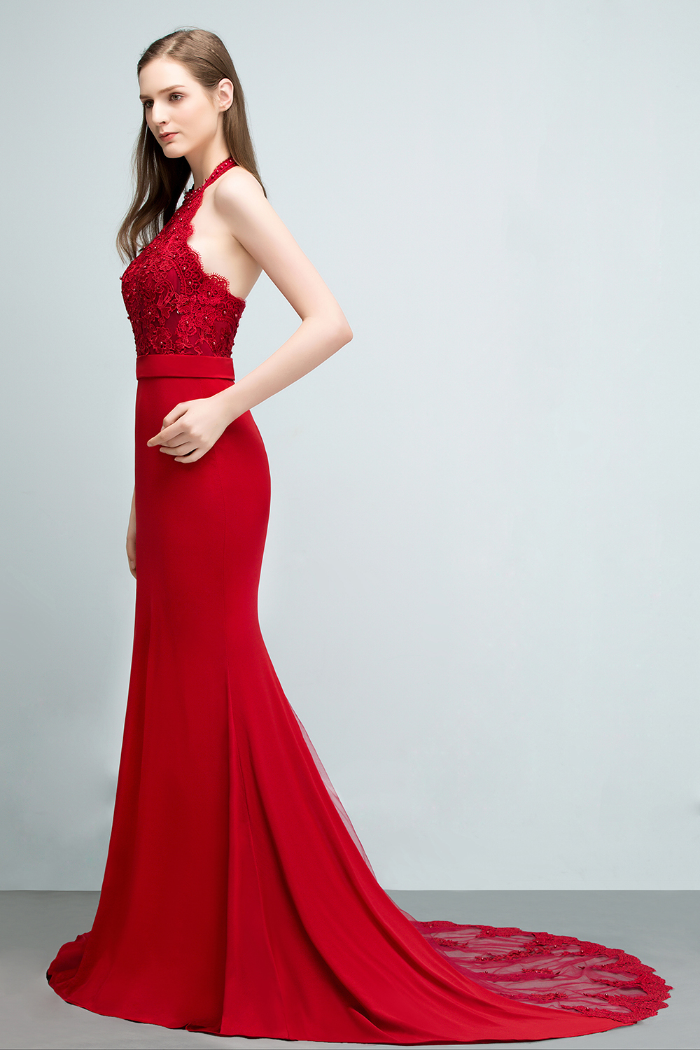 BMbridal Halter Lace Mermaid Prom Dress Long Backless With Lace Appliques