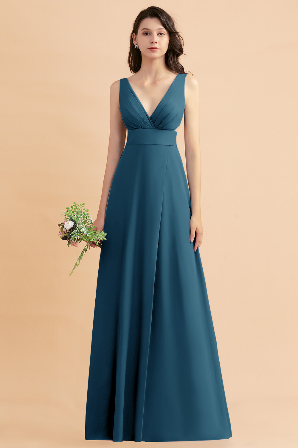 BMbridal A-Line Dusty Blue Chiffon Ruffles Bridesmaid Dress with Slit-BMbridal