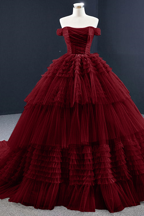 Lotus Off the Shoulder Ball Grown Prom Dress Tulle Layered Strapless On Sale