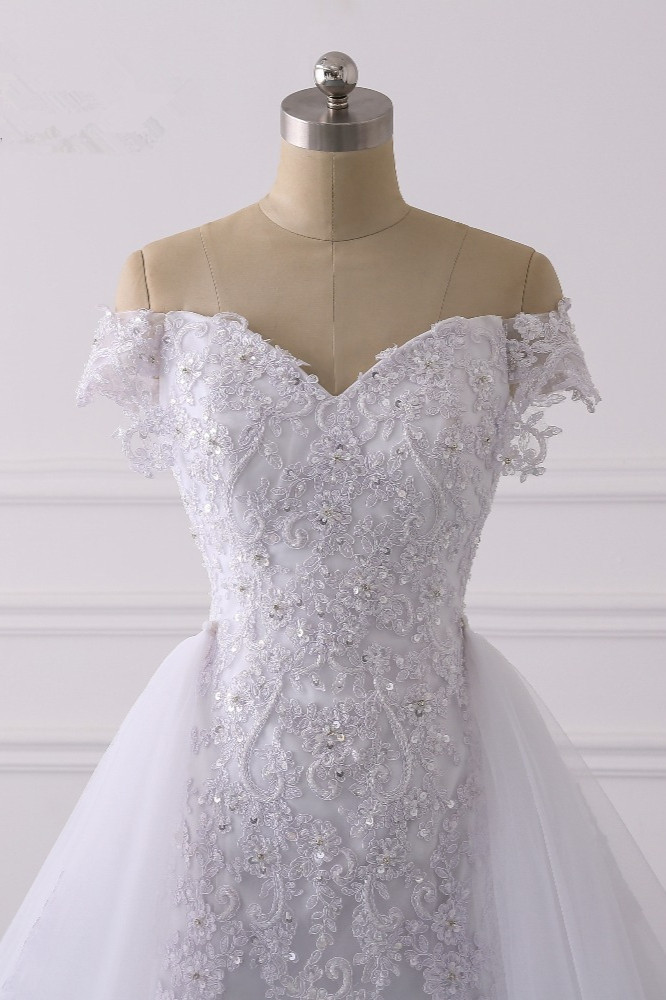 BMbridal Elegant Off-the-Shoulder Tulle Lace Wedding Dress Sweetheart Appliques Beadings Sleeveless Bridal Gowns On Sale-BMbridal