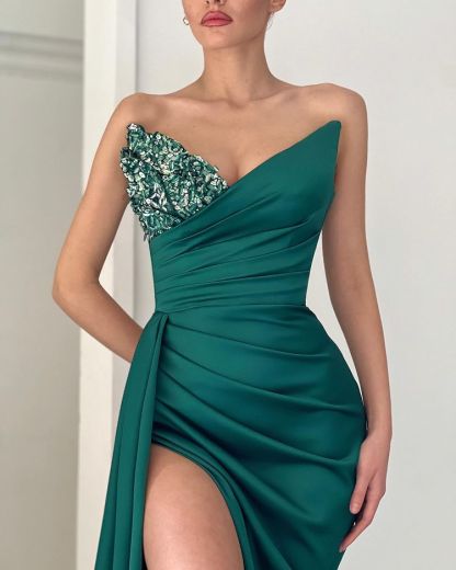 Bmbridal Dark Green Mermiad V-Neck Ruffles Prom Dress with Split