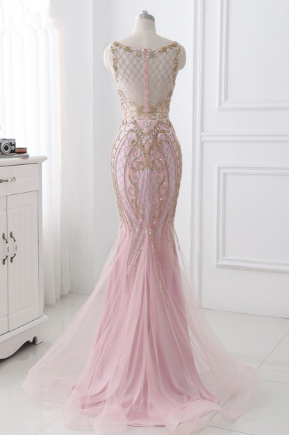 BMbridal Gorgeous Jewel Pink Tulle Prom Dresses Mermaid Rhinestones Appliques Formal Dresses On Sale