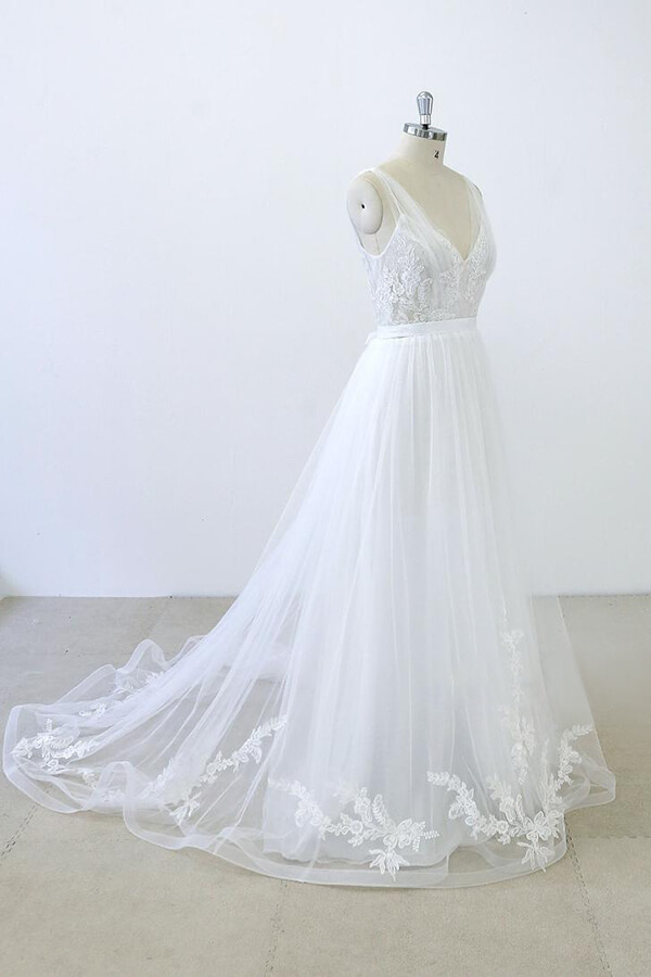 BMbridal V-neck Ruffle Applqiues Tulle A-line Wedding Dress On Sale-BMbridal