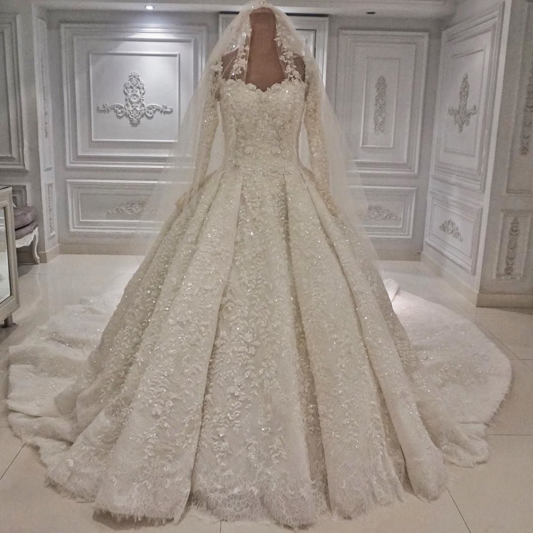 BMbridal Unique A-line Ruffles Lace Wedding Dresses With Appliques Longsleeves Ivory Bridal Gowns On Sale-BMbridal
