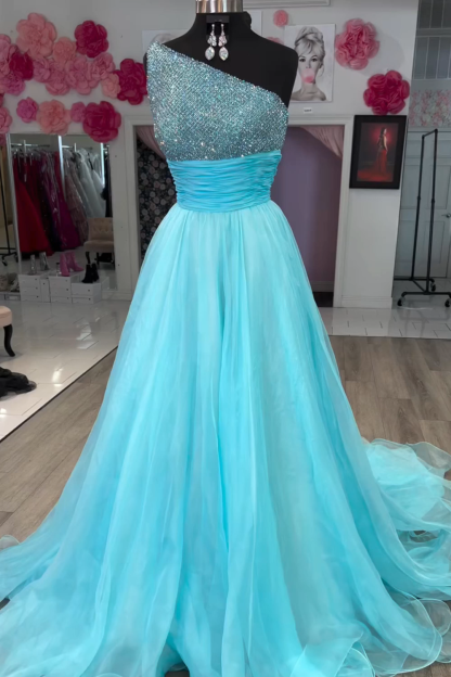 Sparkly Sky Blue A Line One Shoulder Long Prom Dress with Beading