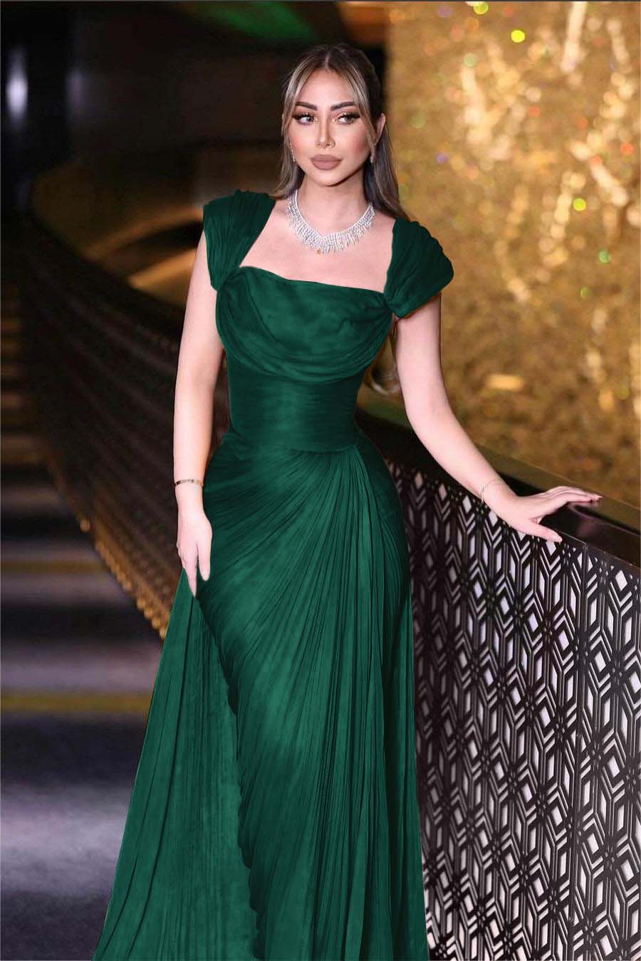 Daffodils Square Neck Sleeveless High Waist Long Pleated Prom Dress With Split