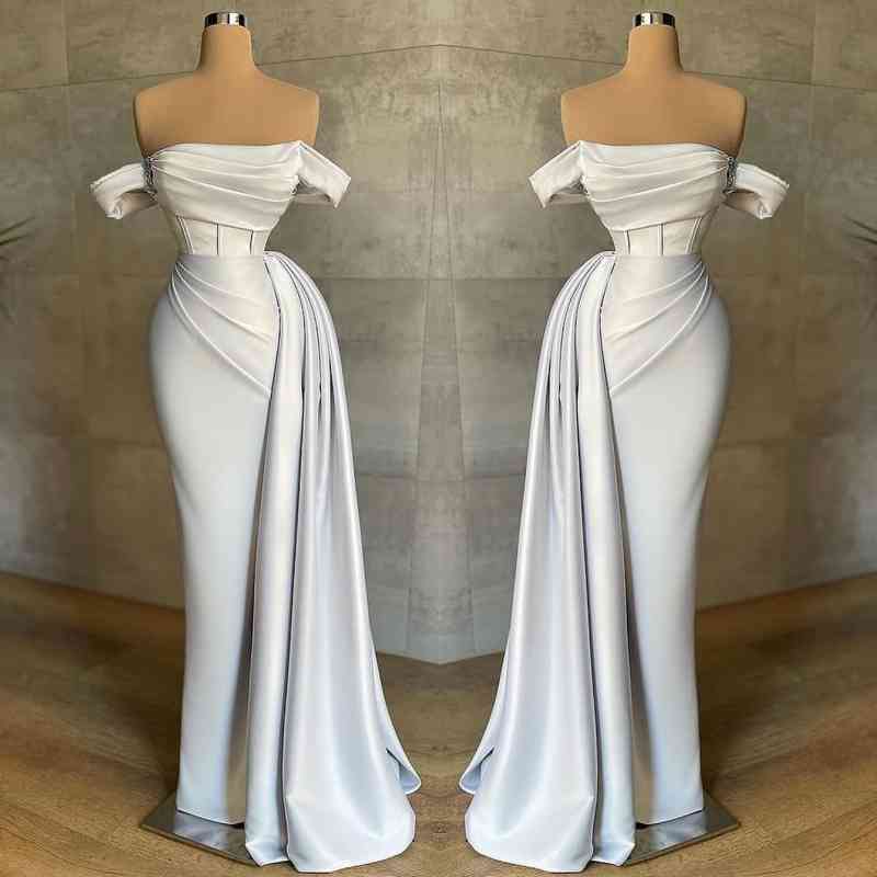 Stunning White Strapless Mermaid Pleated Long Prom Dress Off the Shoulder