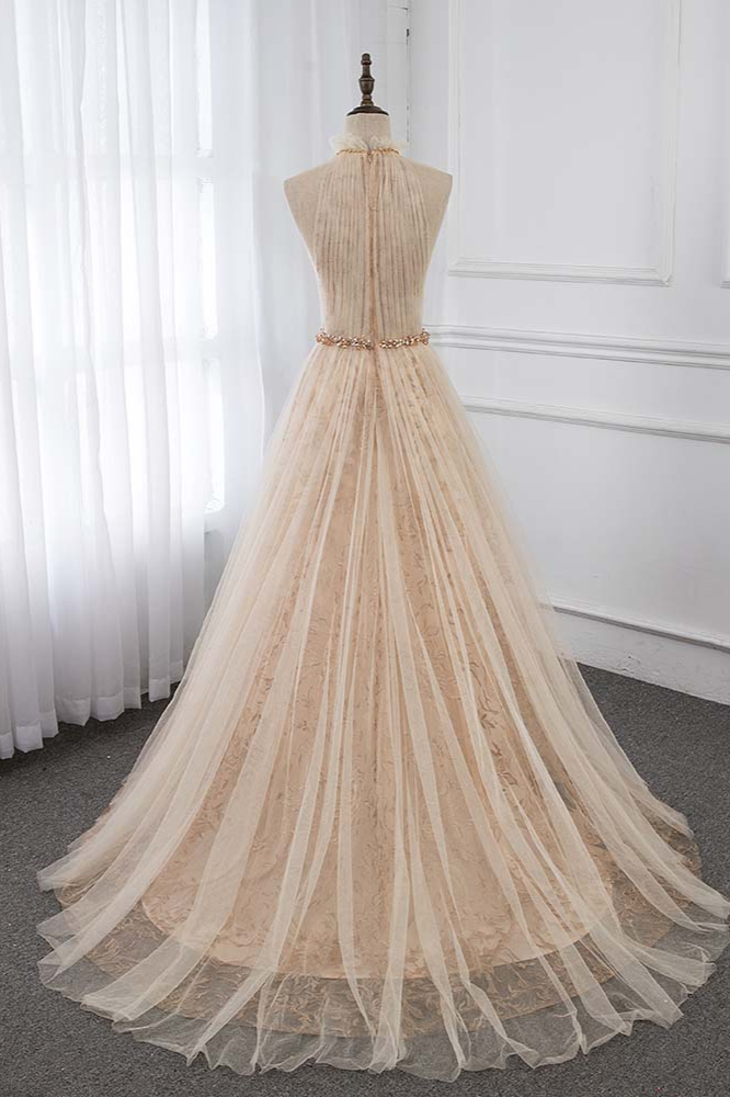 BMbridal Elegant Tulle Jewel Appliques Ruffle Prom Dresses with Beadings Sash