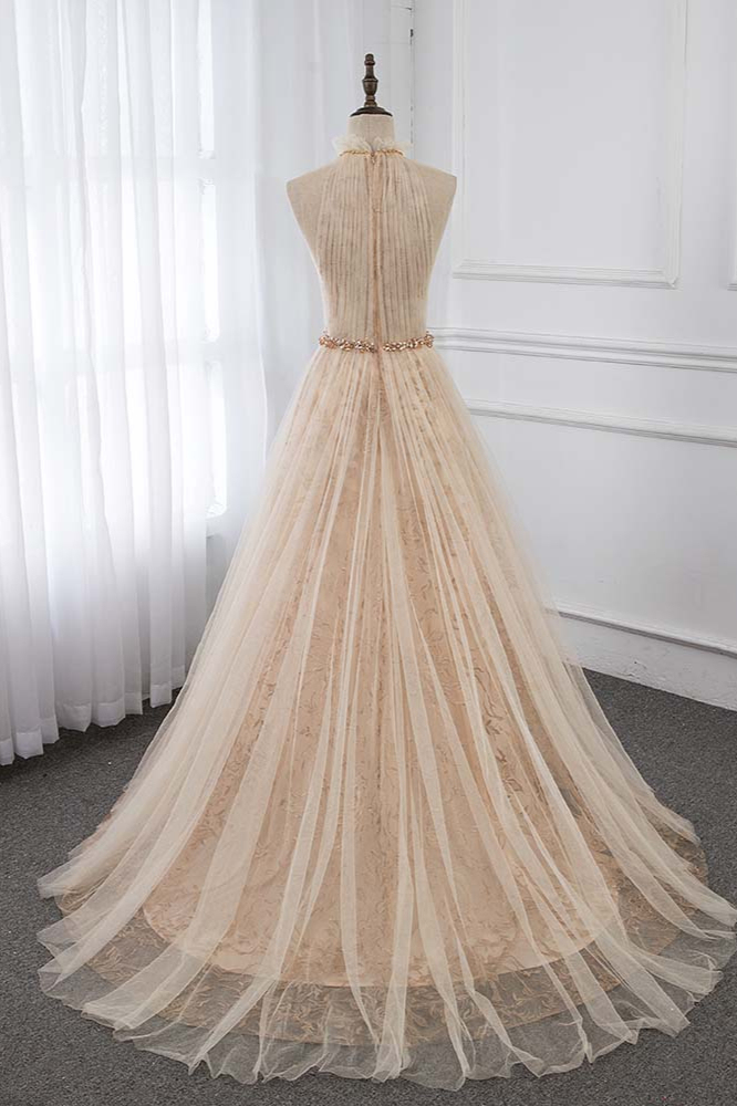BMbridal Elegant Tulle Jewel Appliques Ruffle Prom Dresses with Beadings Sash