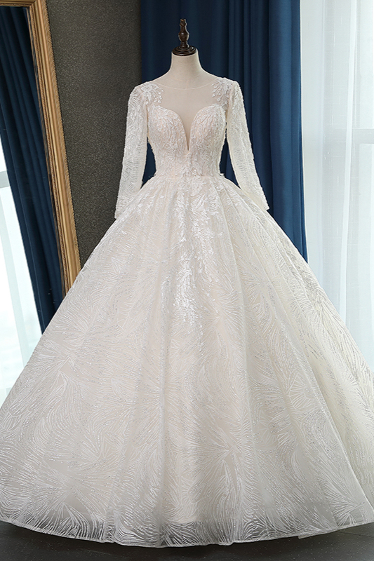 BMbridal Glamorous Ball Gown Jewel Appliques Wedding Dress Long Sleeves Bridal Gowns Online