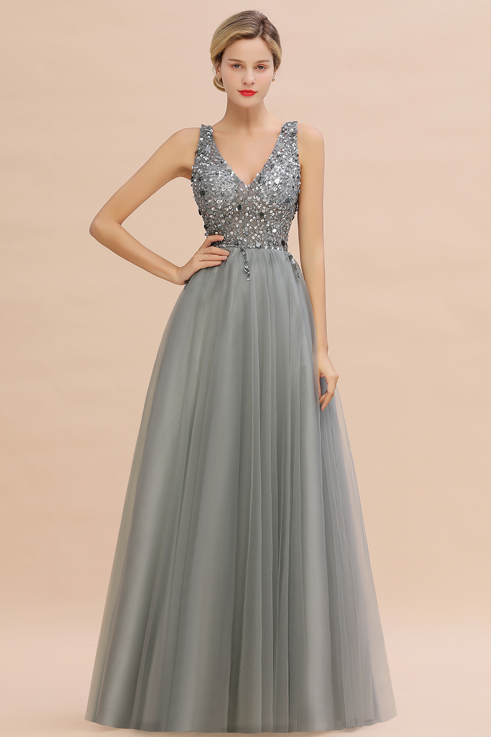 BMbridal Glamorous V-Neck Sleeveless Prom Dress Long Tulle Evening Gowns With Crystals