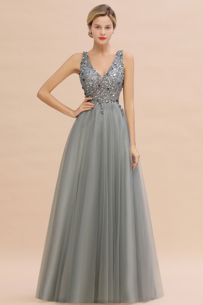 BMbridal Glamorous V-Neck Sleeveless Prom Dress Long Tulle Evening Gowns With Crystals