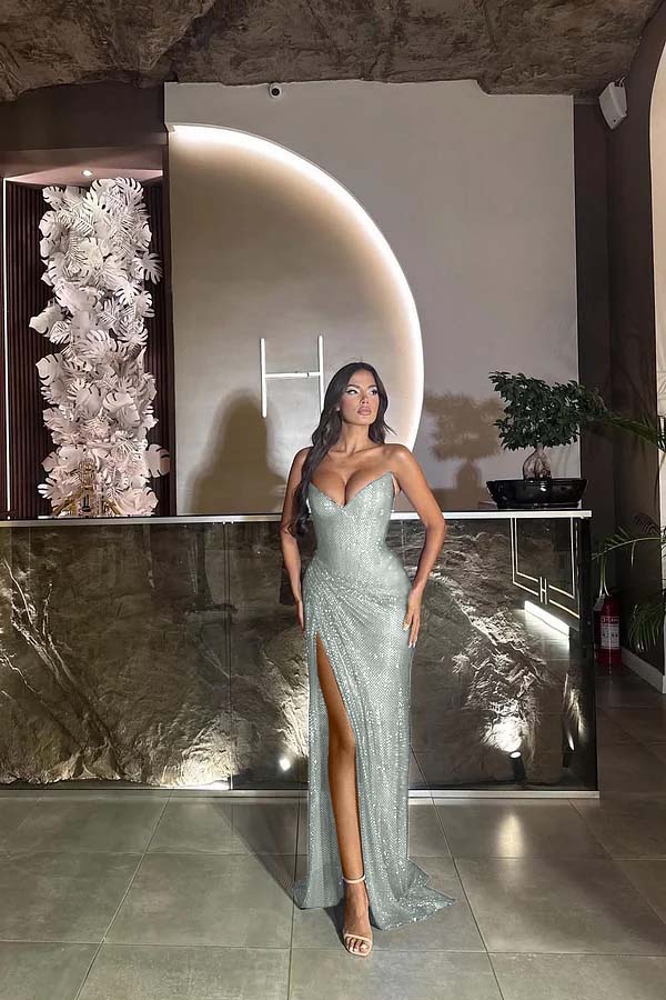 Sequin Strapless Sleeveless Long Split Prom Dress With Pleated