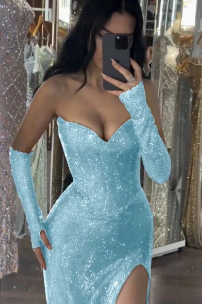 Sequin Strapless Long Mermaid Prom Dress With Split Detachable sleeves