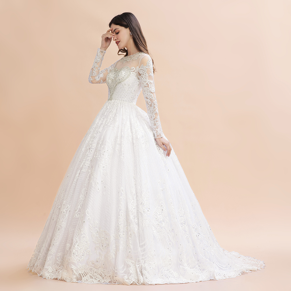 BMbridal Glamorous Jewel Tulle Lace Wedding Dress Long Sleeves Appliques Beadings Bridal Gowns Online-BMbridal
