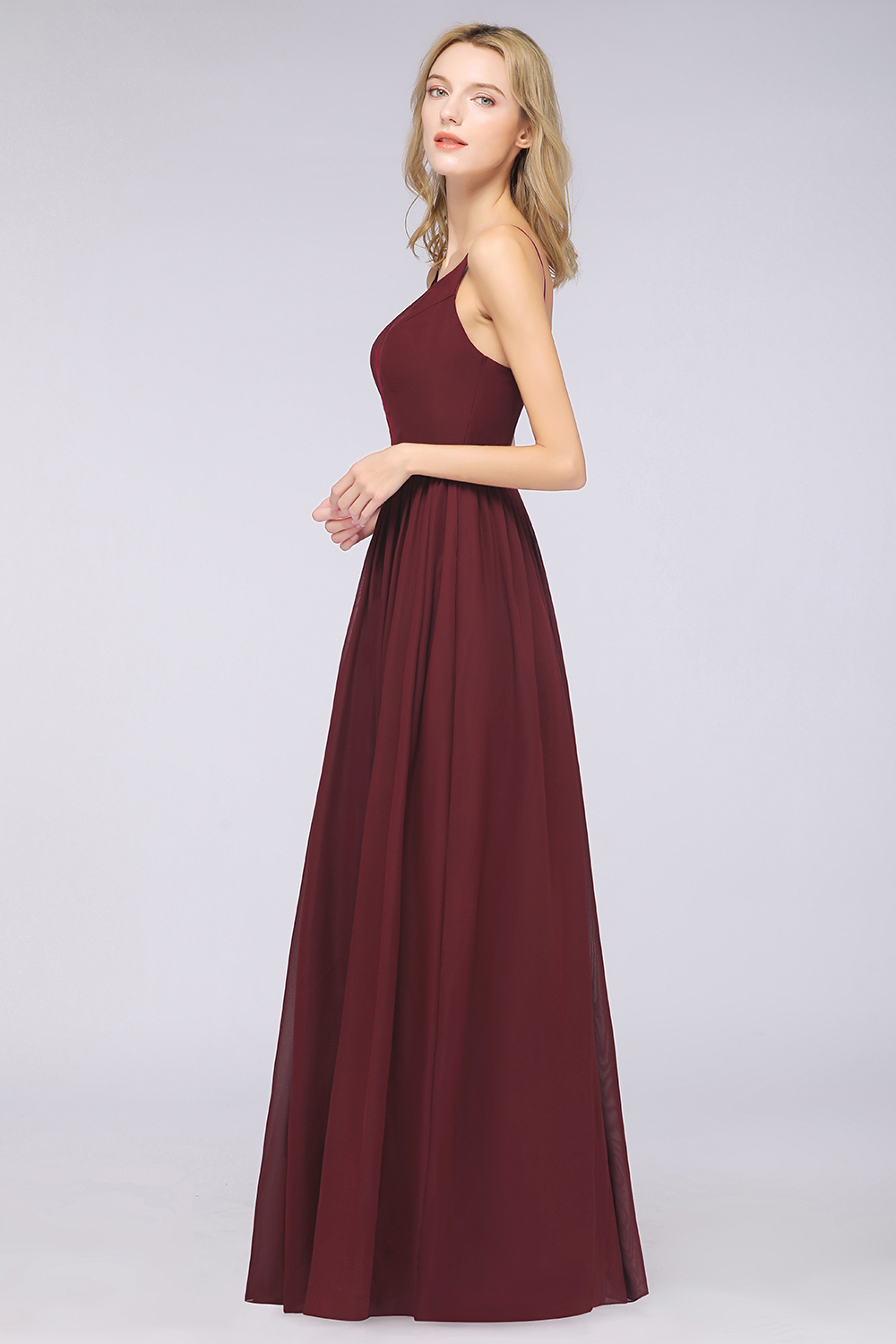 BMbridal Sexy Deep-V-Neck Appliques Burgundy Chiffon Bridesmaid Dress with Slit-BMbridal