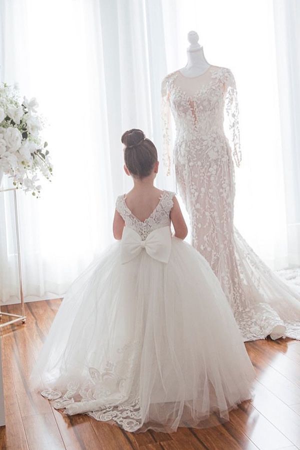 BMbridal Ivory Tulle Flower Girl Dress With Bowknot-BMbridal