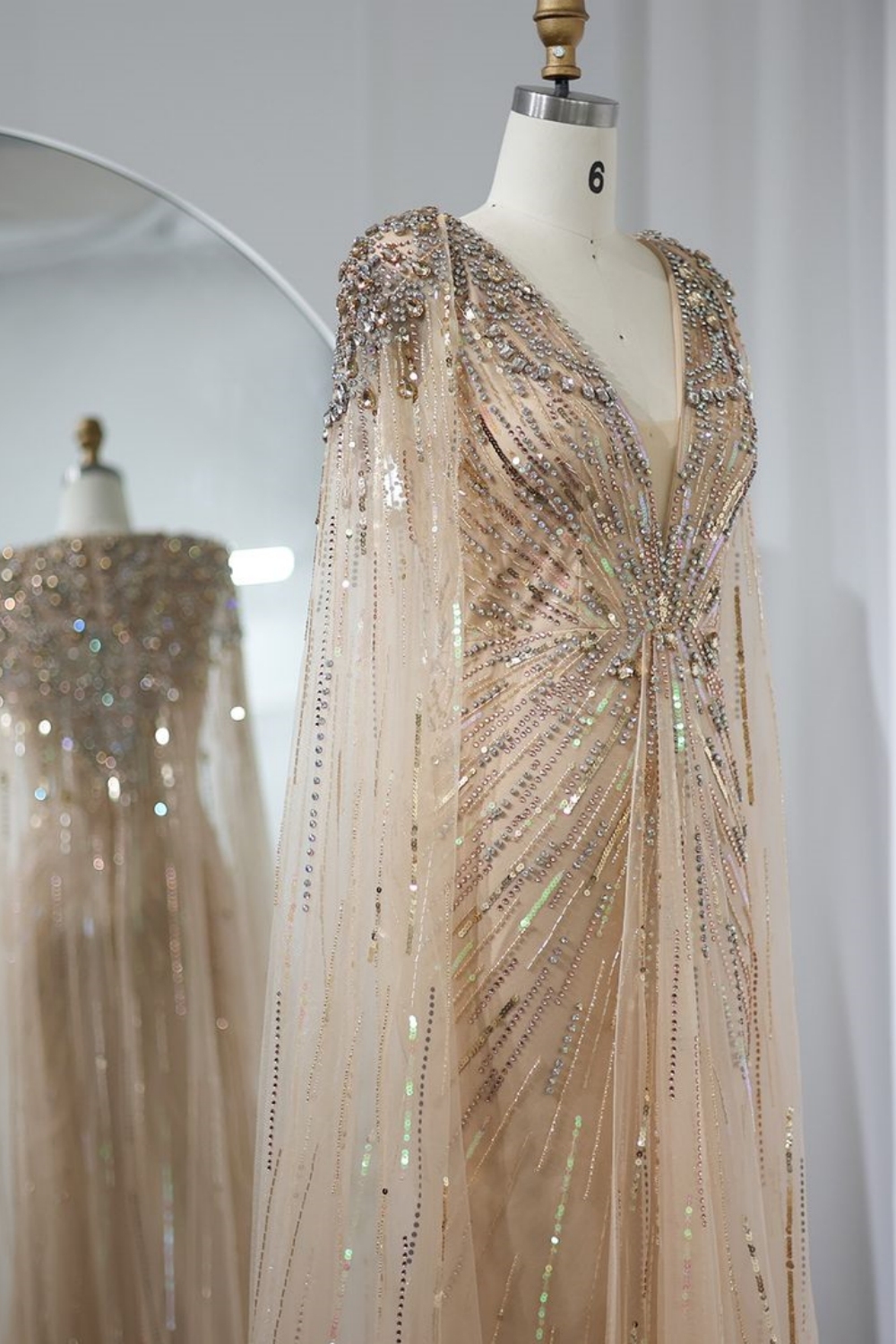 Bmbridal A-Line Gold V-Neck Floor-Length Tulle Prom Dresses with Appliques